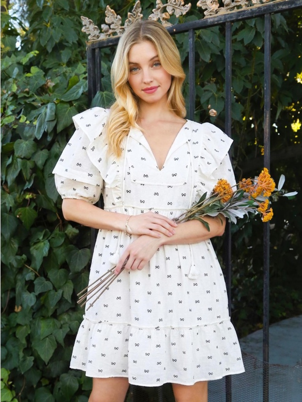 Umgee Bow Print Dress | Women’s White Ruffle Sleeve Mini Dress